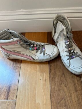 Golden Goose Slide High Top Sneaker in White/Baby Pink/ Silver with beads